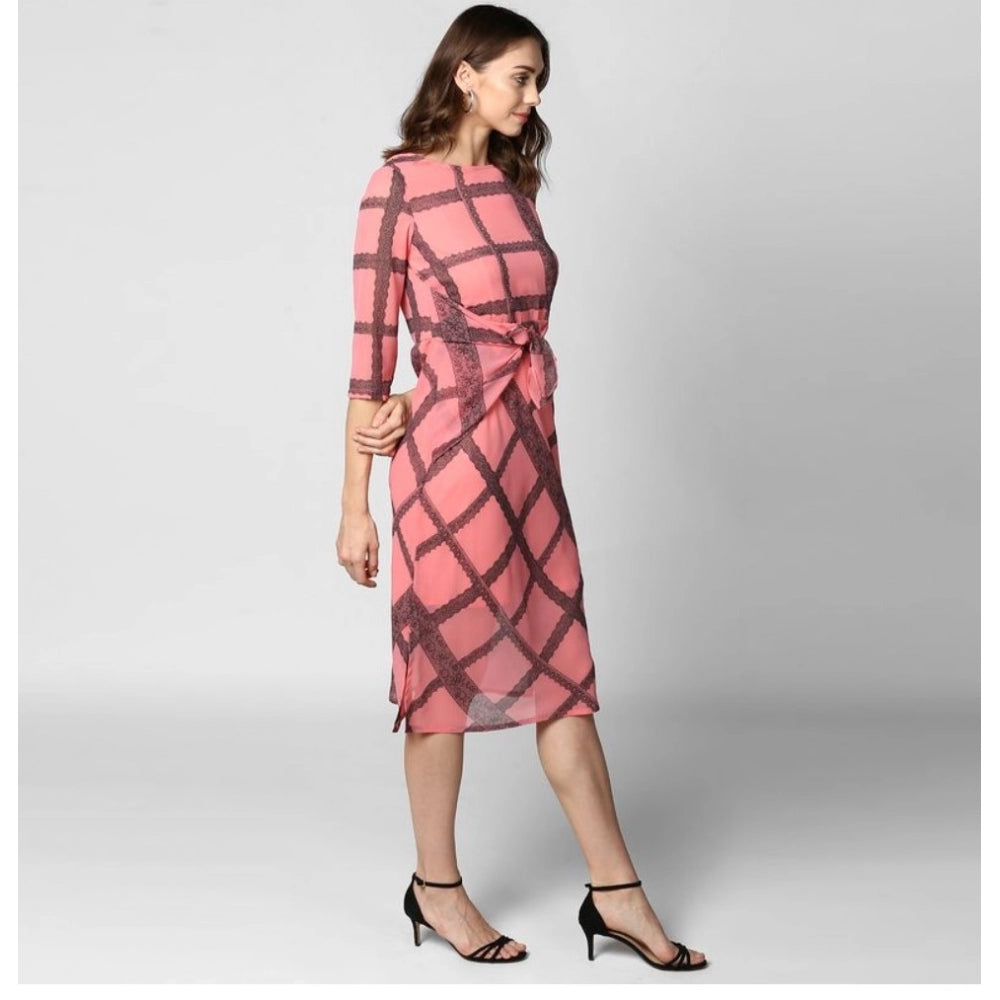 PKRKART Women's Polyester Checkered 3-4th Sleeves Below Knee Dress (Pink - Black)