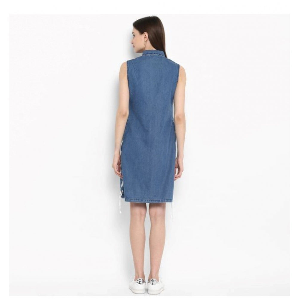 PKRKART Women's Denim Solid Sleeveless Above Knee Dress (Blue)