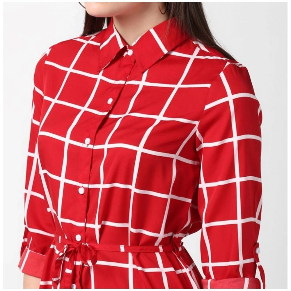 PKRKART Women's Polyester Checkered Long Sleeves Above Knee Dress (Red)