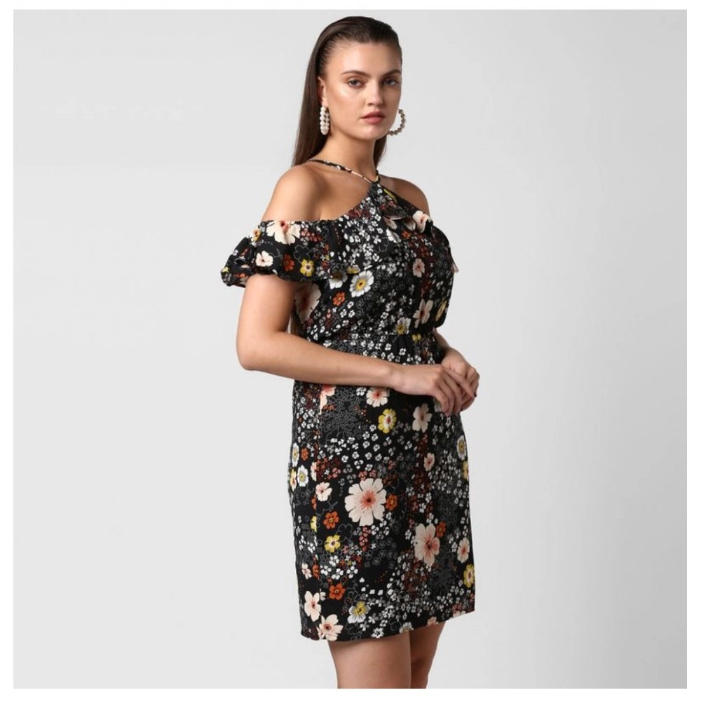 PKRKART Women's Polyester Floral Cold Shoulder Above Knee Dress (Black)