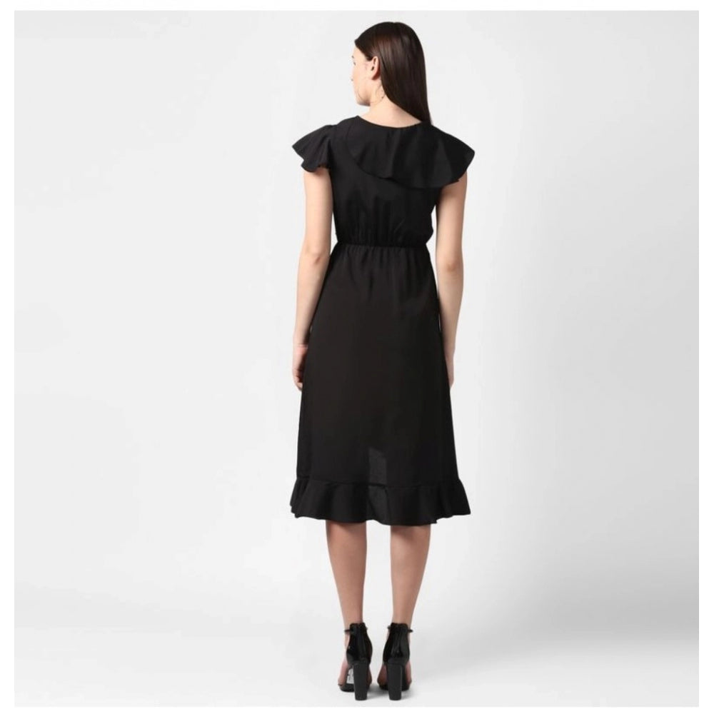 PKRKART Women's Polyester Ruffled Cap Sleeve Knee-Length Dress (Black)