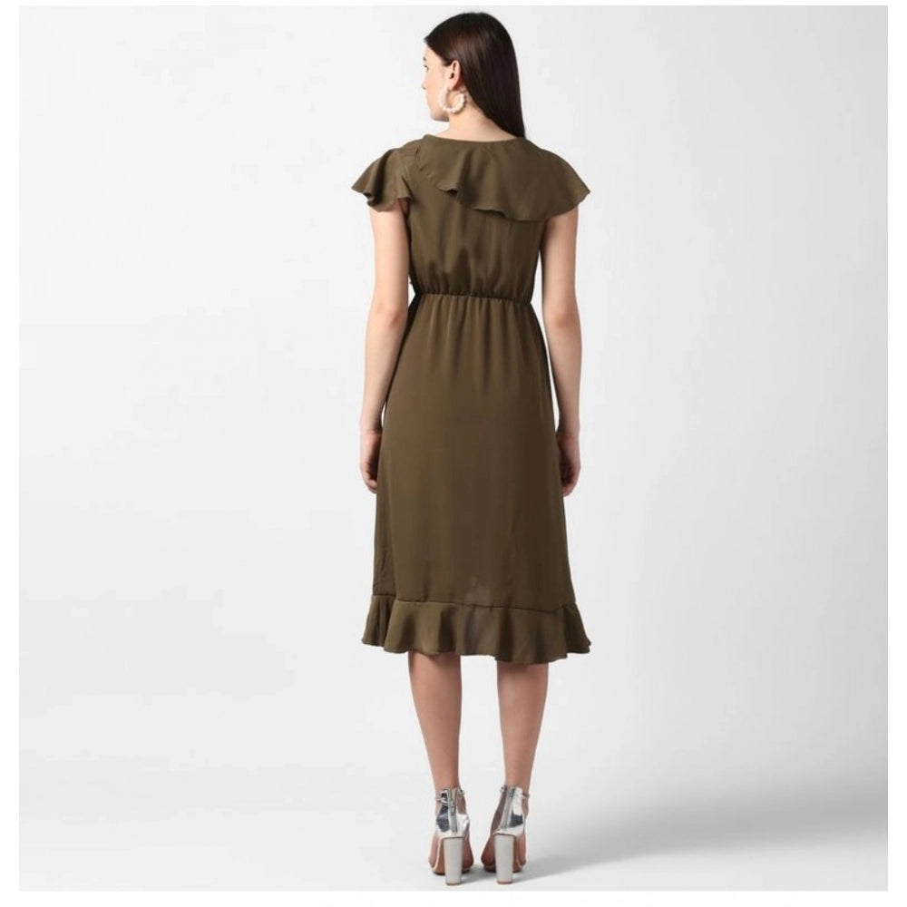 PKRKART Women's Polyester Ruffled Cap Sleeve Knee-Length Dress (Olive)