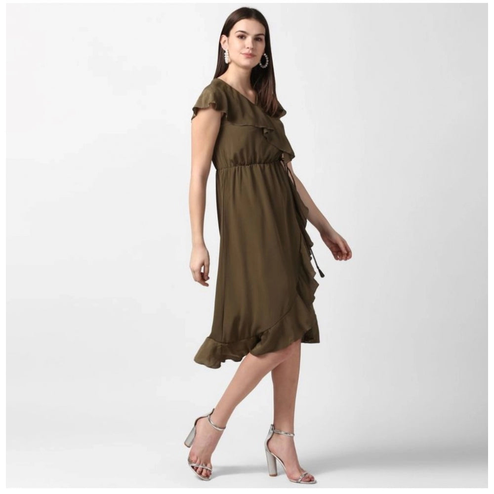 PKRKART Women's Polyester Ruffled Cap Sleeve Knee-Length Dress (Olive)