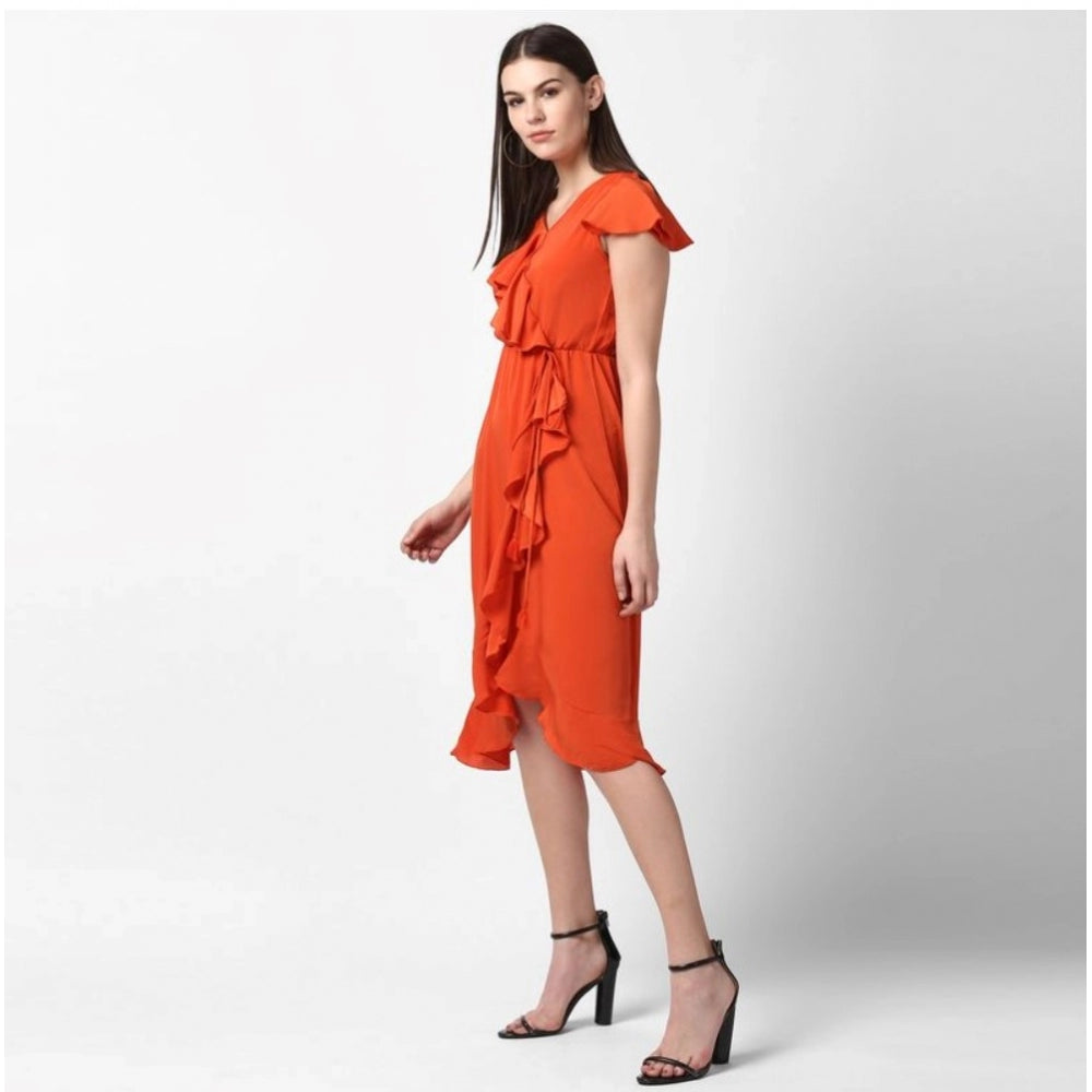 PKRKART Women's Polyester Ruffled Cap Sleeve Knee-Length Dress (Orange)