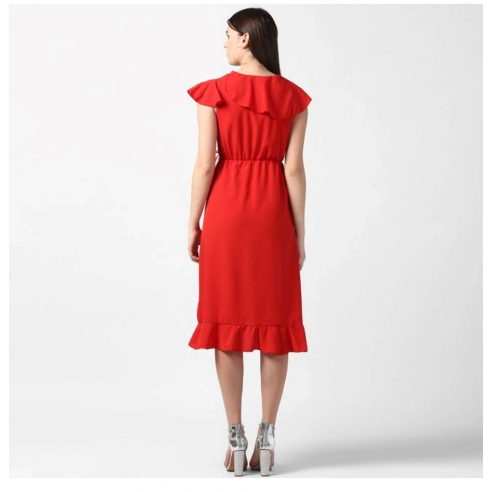 PKRKART Women's Polyester Ruffled Cap Sleeve Knee-Length Dress (Red)