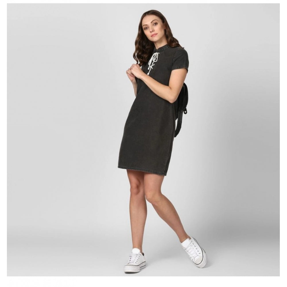 PKRKART Women's Denim Solid Short Sleeve Above Knee Dress (Black)