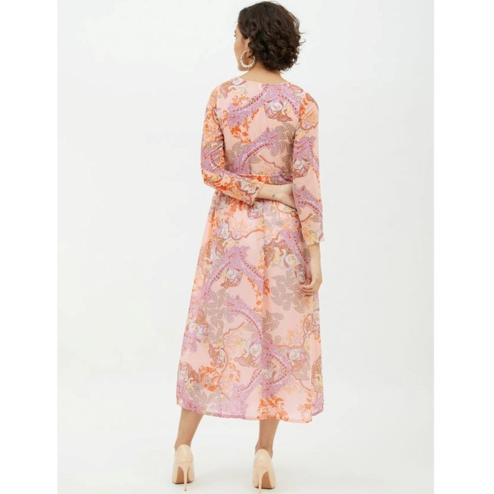 PKRKART Women's Polyester Printed Long Sleeves Calf-length Dress (Multicolor)
