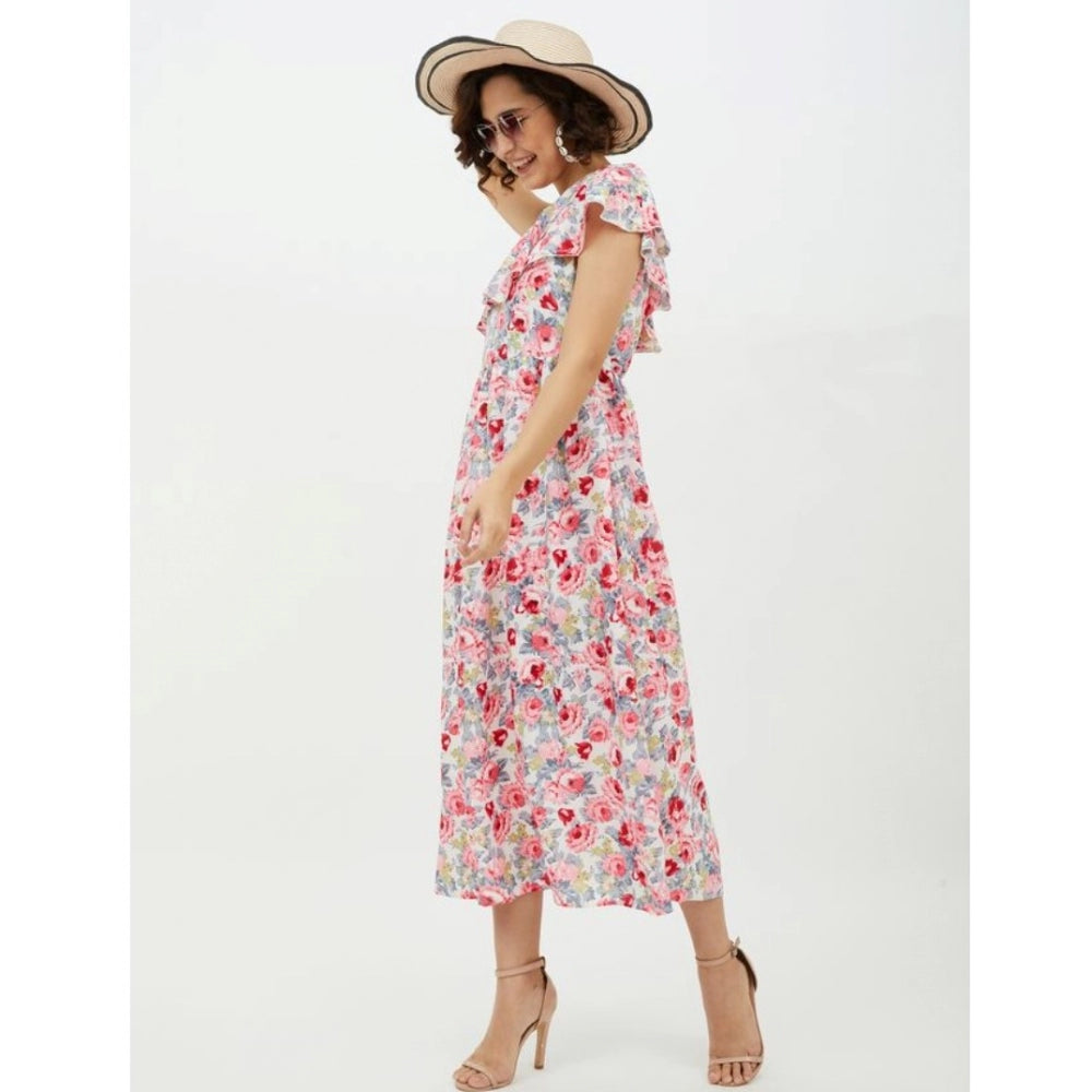 PKRKART Women's Polyester Floral One Shoulder Calf-length Dress (Multicolor)
