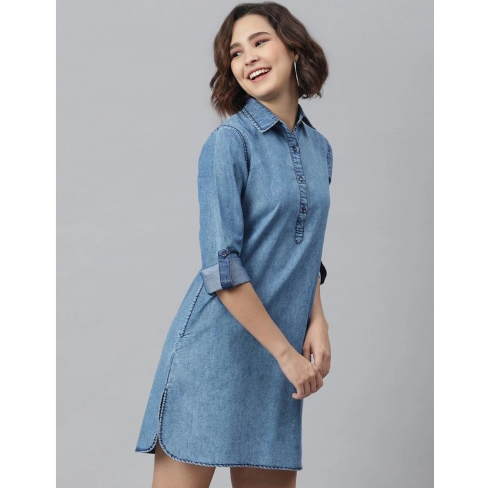 PKRKART Women's Denim Solid Long Sleeves Above Knee Dress (Ice Blue)