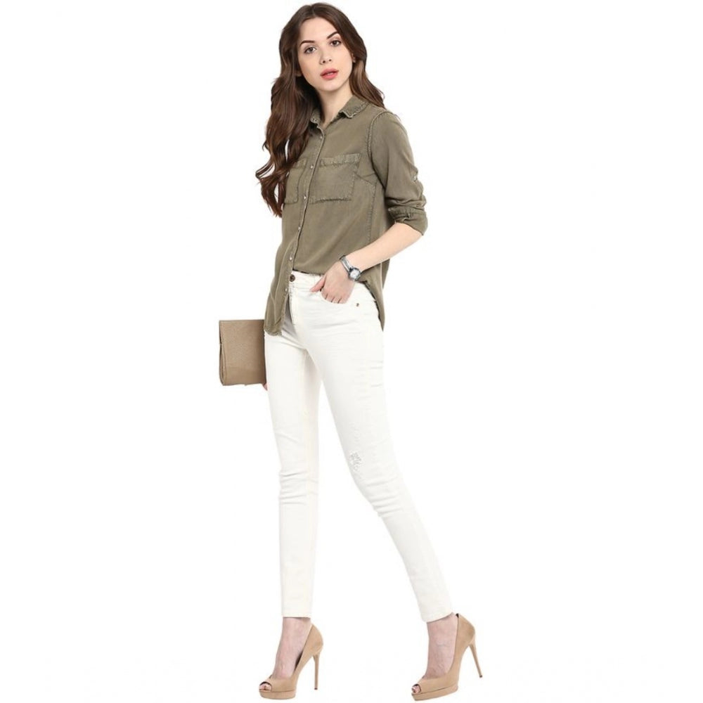 PKRKART Women's Rayon Solid Long Sleeves Standard Length Shirt (Olive Green)