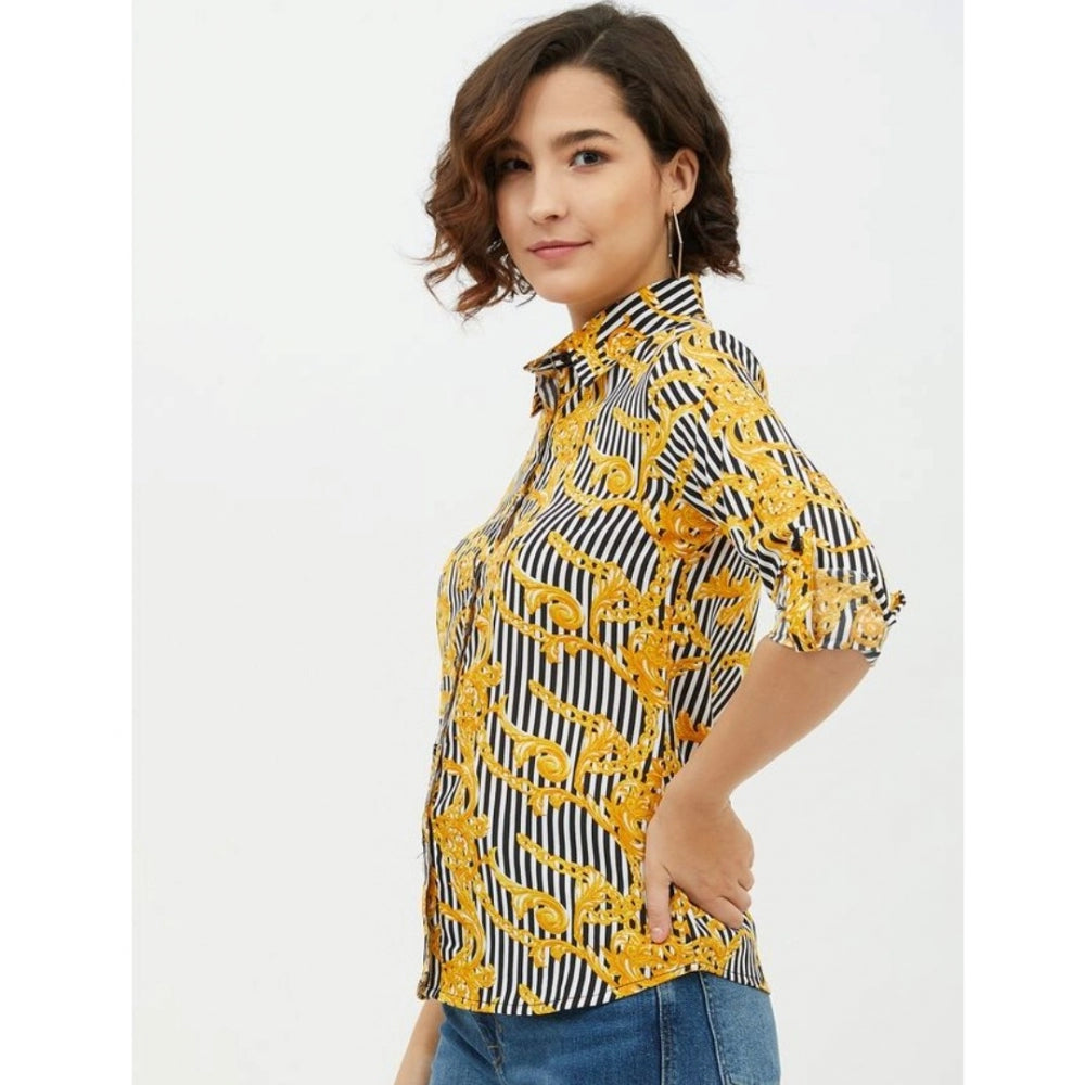 PKRKART Women's Polyester Printed Roll Up Sleeve Standard Length Shirt (Mustared)