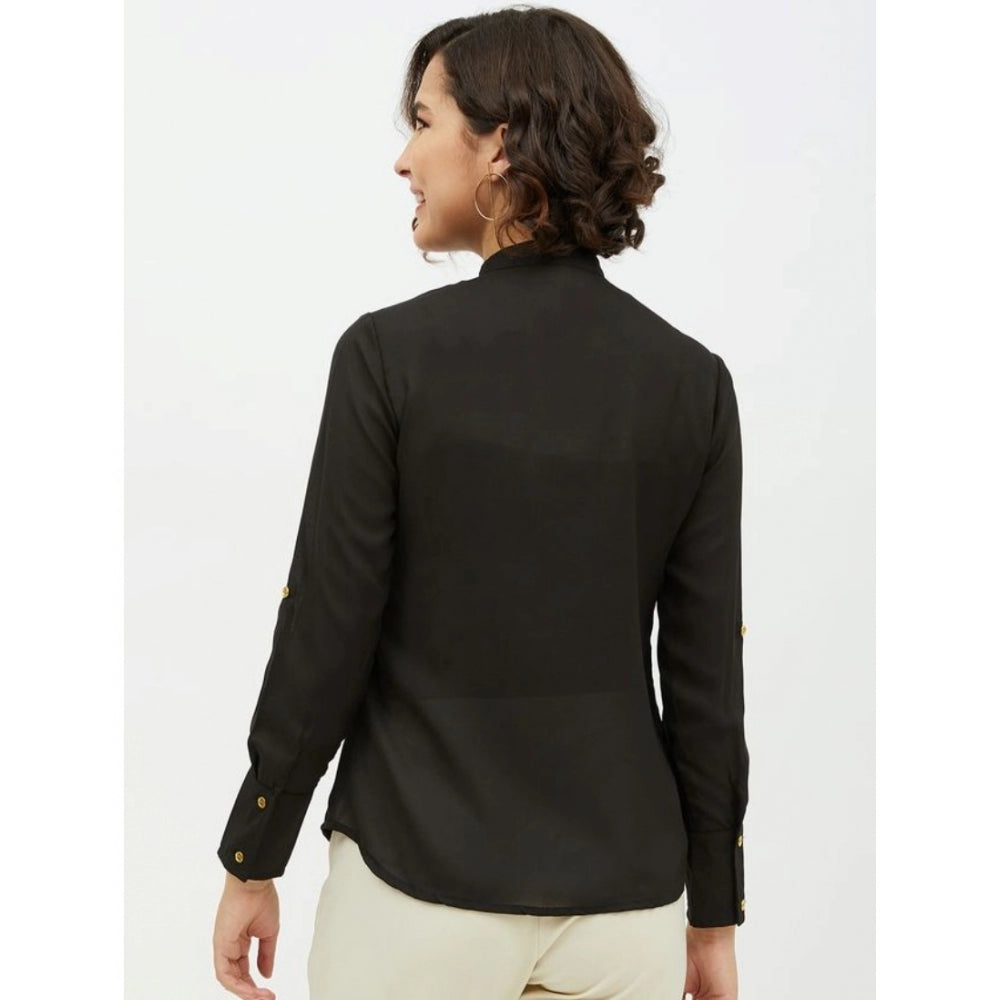 PKRKART Women's Polyester Ruffled Long Sleeves Standard Length Shirt (Black)