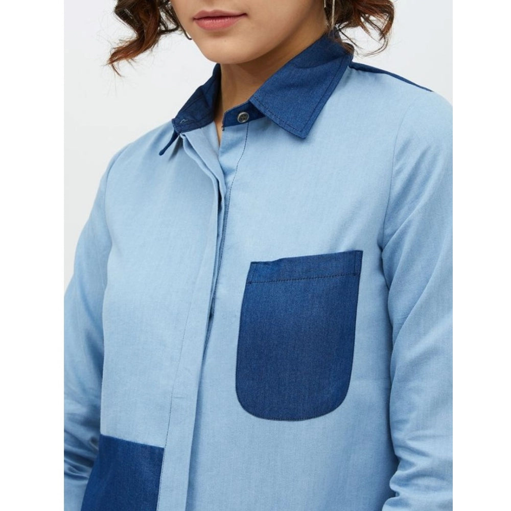 PKRKART Women's Denim Patch Work Long Sleeves Standard Length Shirt (Blue)