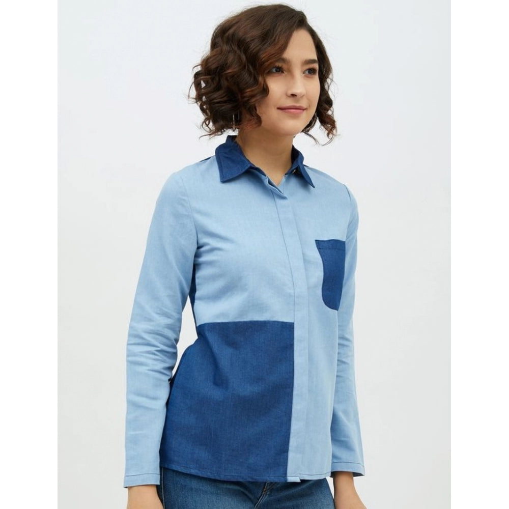 PKRKART Women's Denim Patch Work Long Sleeves Standard Length Shirt (Blue)