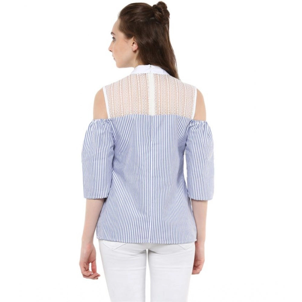 PKRKART Women's Cotton Striped Cold Shoulder Top (Blue)
