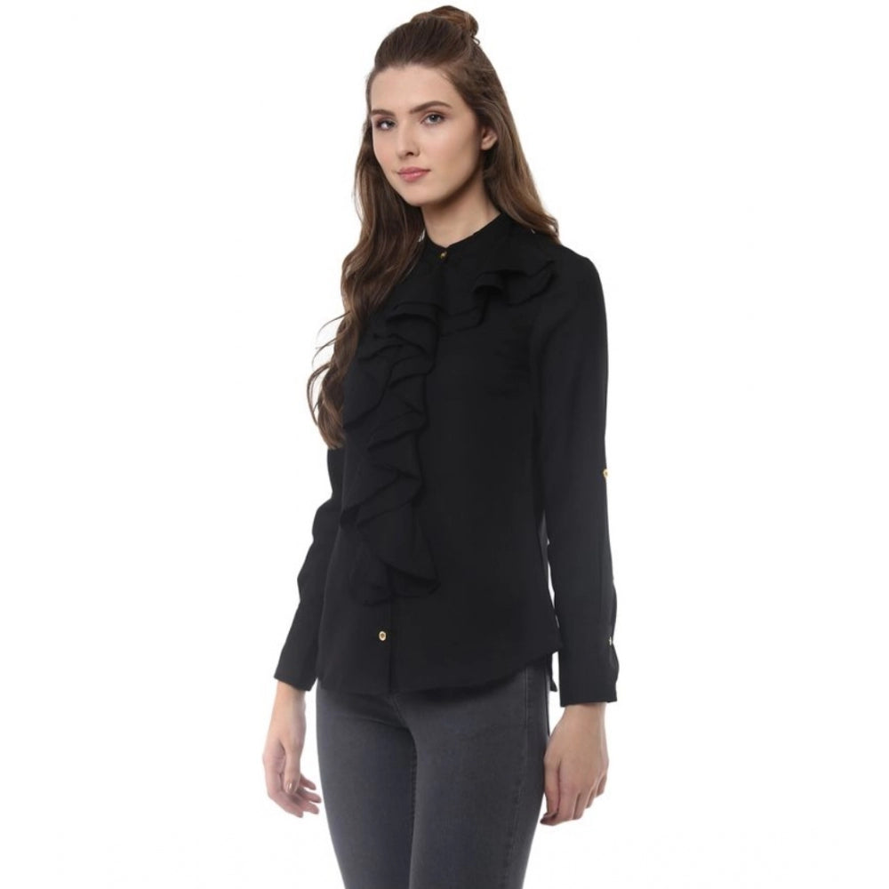 PKRKART Women's Polyester Ruffled Long Sleeves Top (Black)