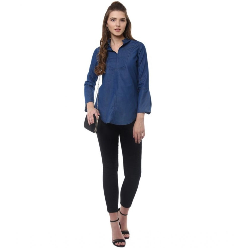 PKRKART Women's Denim Solid Bell Sleeve Regular Top (Blue Denim)