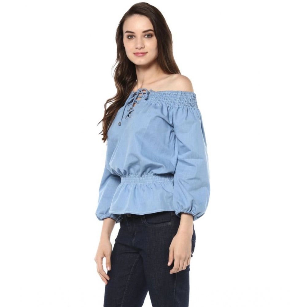 PKRKART Women's Denim Solid 3-4th Sleeves Regular Top (Blue)
