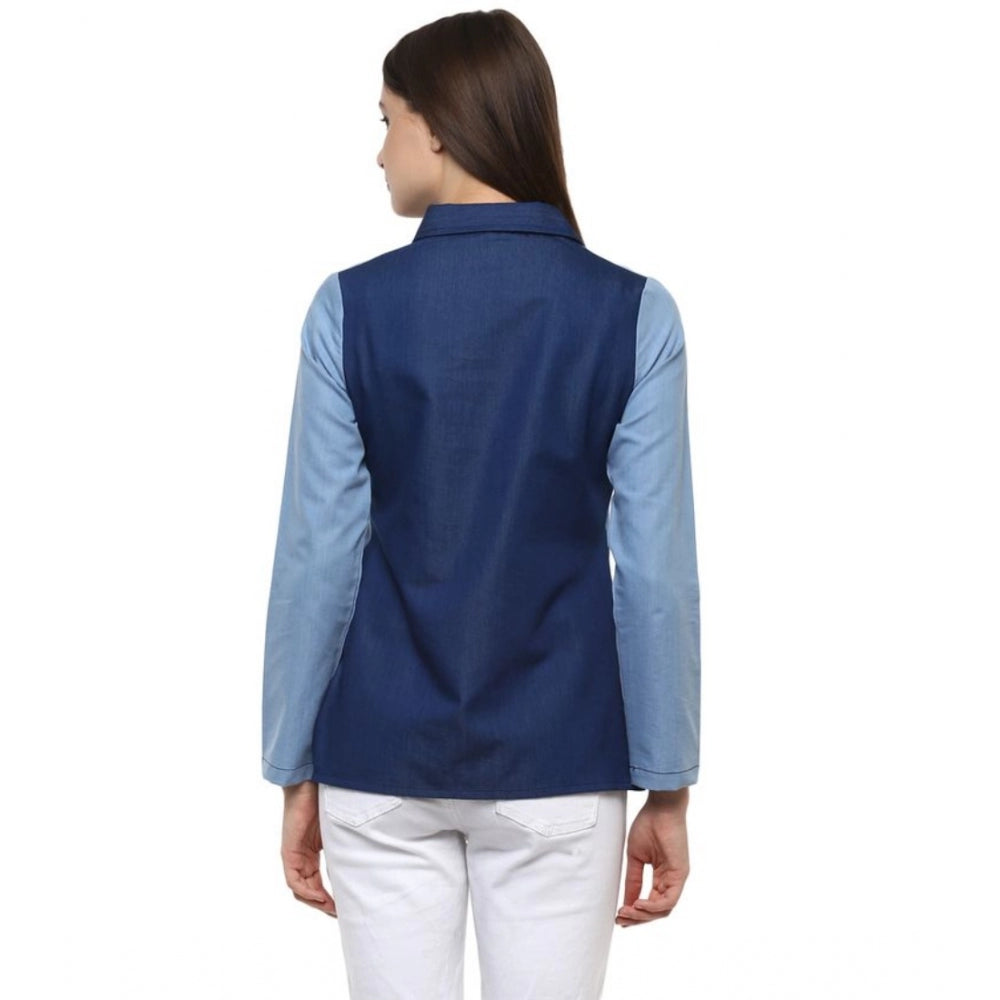 PKRKART Women's Denim Patch Work Long Sleeves Regular Top (Blue)
