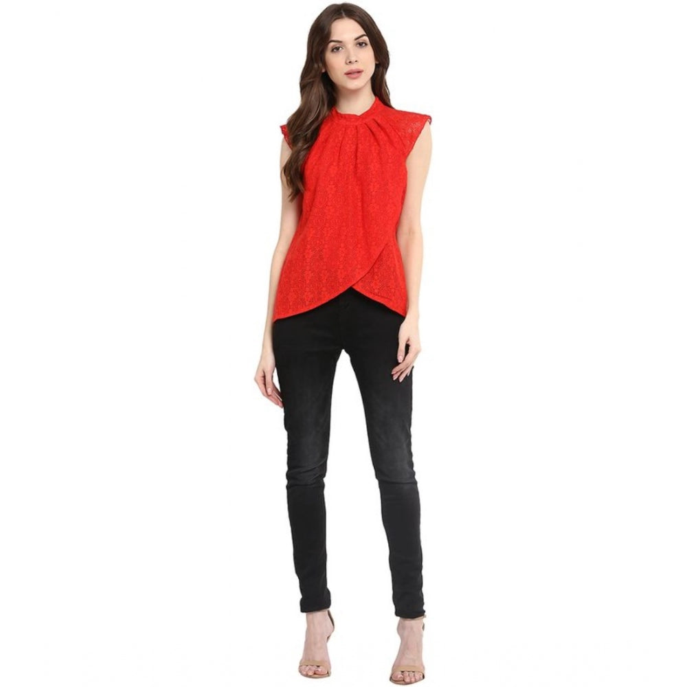 PKRKART Women's Cotton Lace Embellished Cap Sleeve Regular Top (Red)