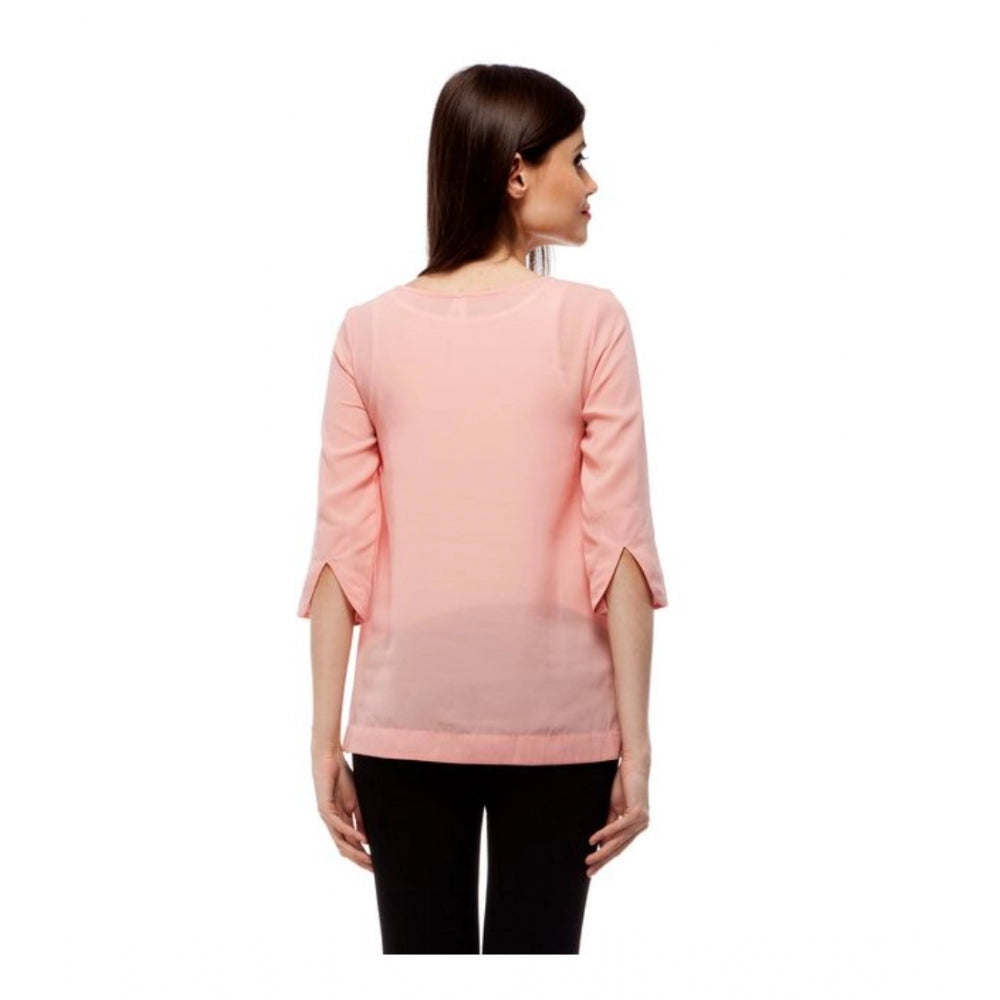 PKRKART Women's Polyester Solid 3-4th Sleeves Regular Top (Peach)