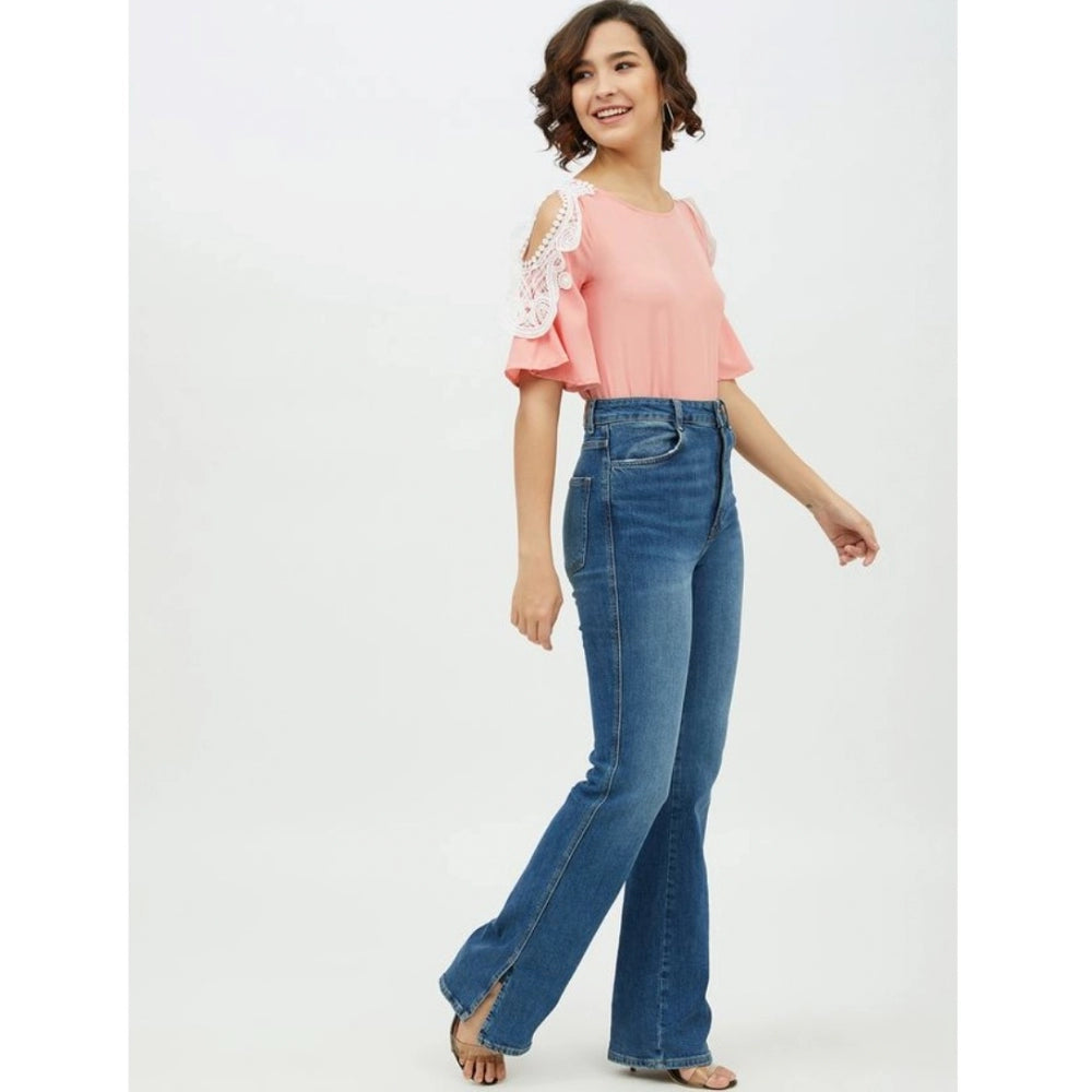 PKRKART Women's Polyester Lace Inserts Cold Shoulder Top (Pink)