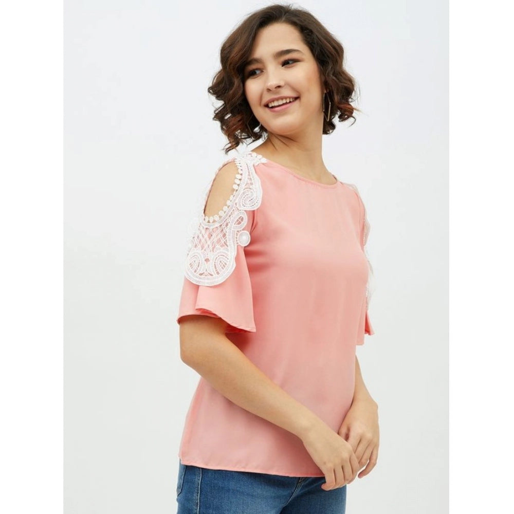 PKRKART Women's Polyester Lace Inserts Cold Shoulder Top (Pink)