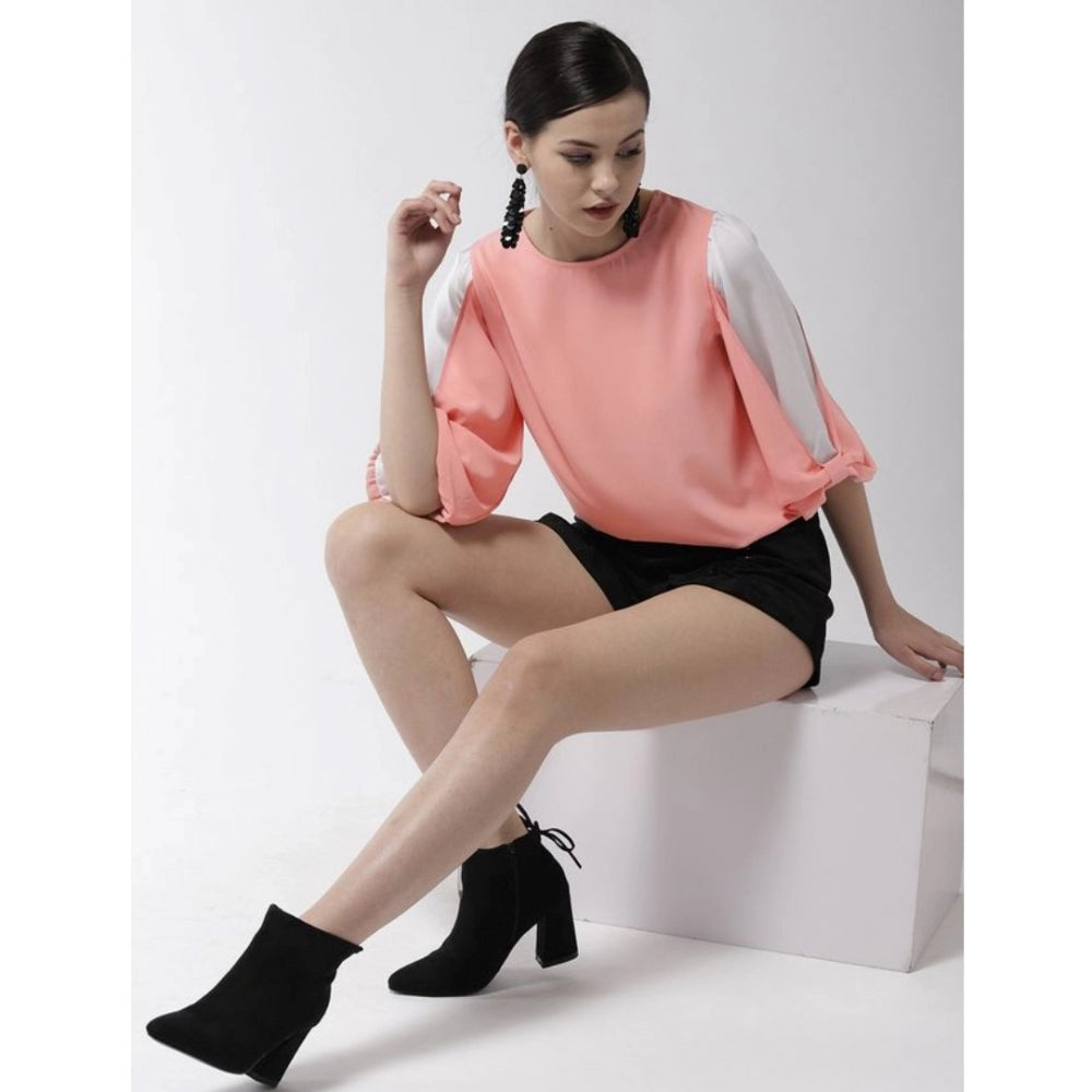 PKRKART Women's Polyester Colour Block Slit Sleeve Top (Pink)