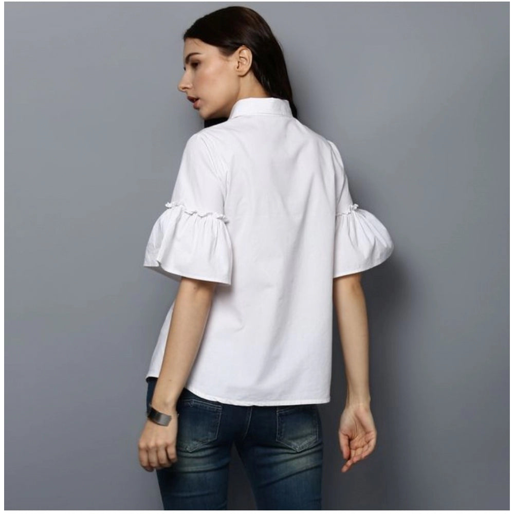 PKRKART Women's Cotton Solid Bell Sleeve Top (White)