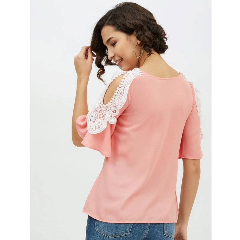 PKRKART Women's Polyester Lace Inserts Cold Shoulder Top (Pink)