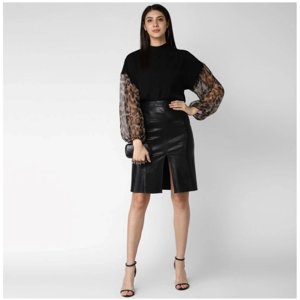 PKRKART Women's Polyester Animal Print Long Sleeves Top (Black)