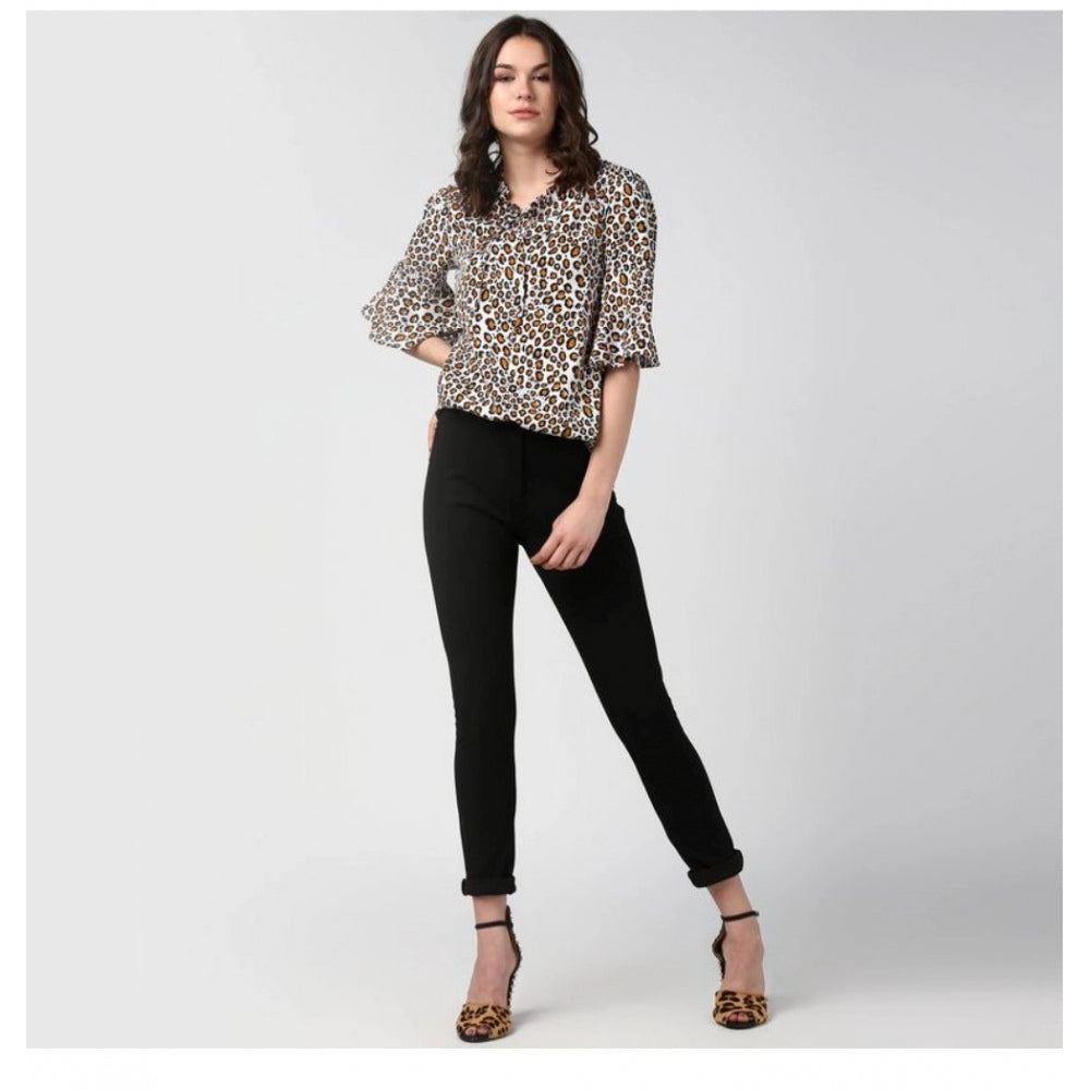 PKRKART Women's Polyester Animal Print Bell Sleeve Top (Orange - Black)