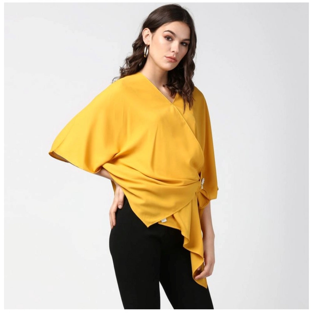 PKRKART Women's Polyester Solid Cape Sleeve Top (Yellow)