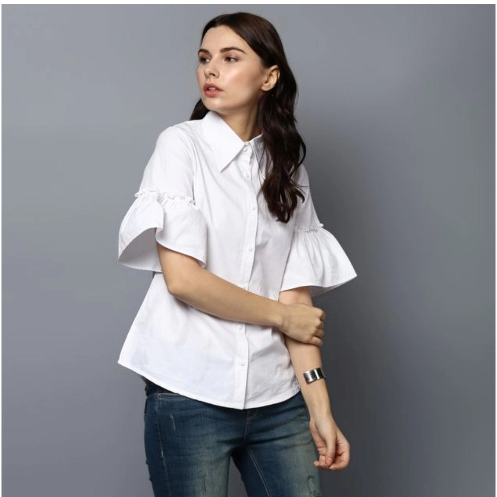 PKRKART Women's Cotton Solid Bell Sleeve Top (White)