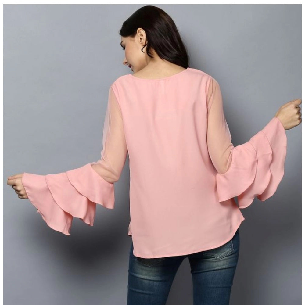 PKRKART Women's Polyester Solid Tier Sleeve Top (Pink)