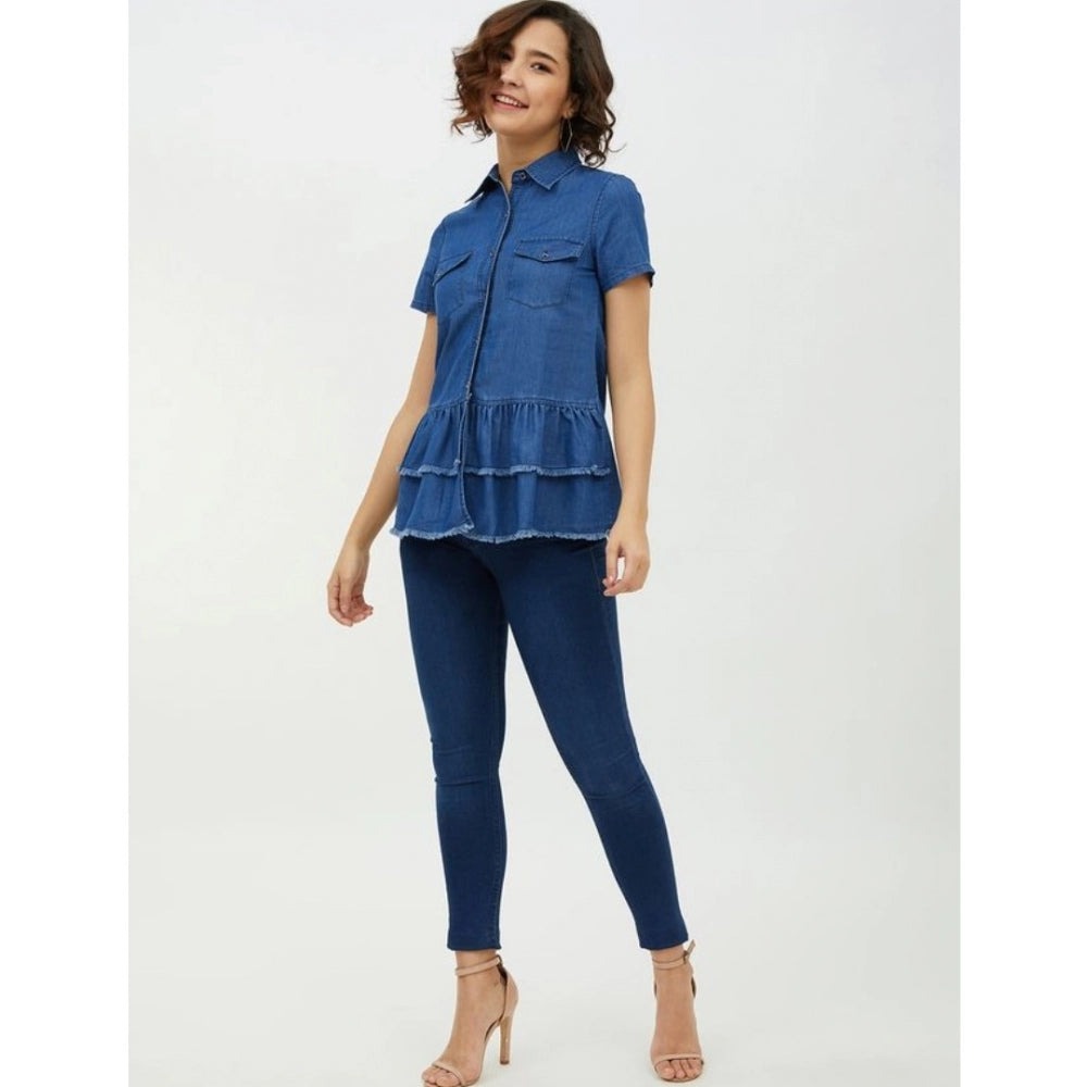 PKRKART Women's Denim Peplum Short Sleeve Top (Blue)