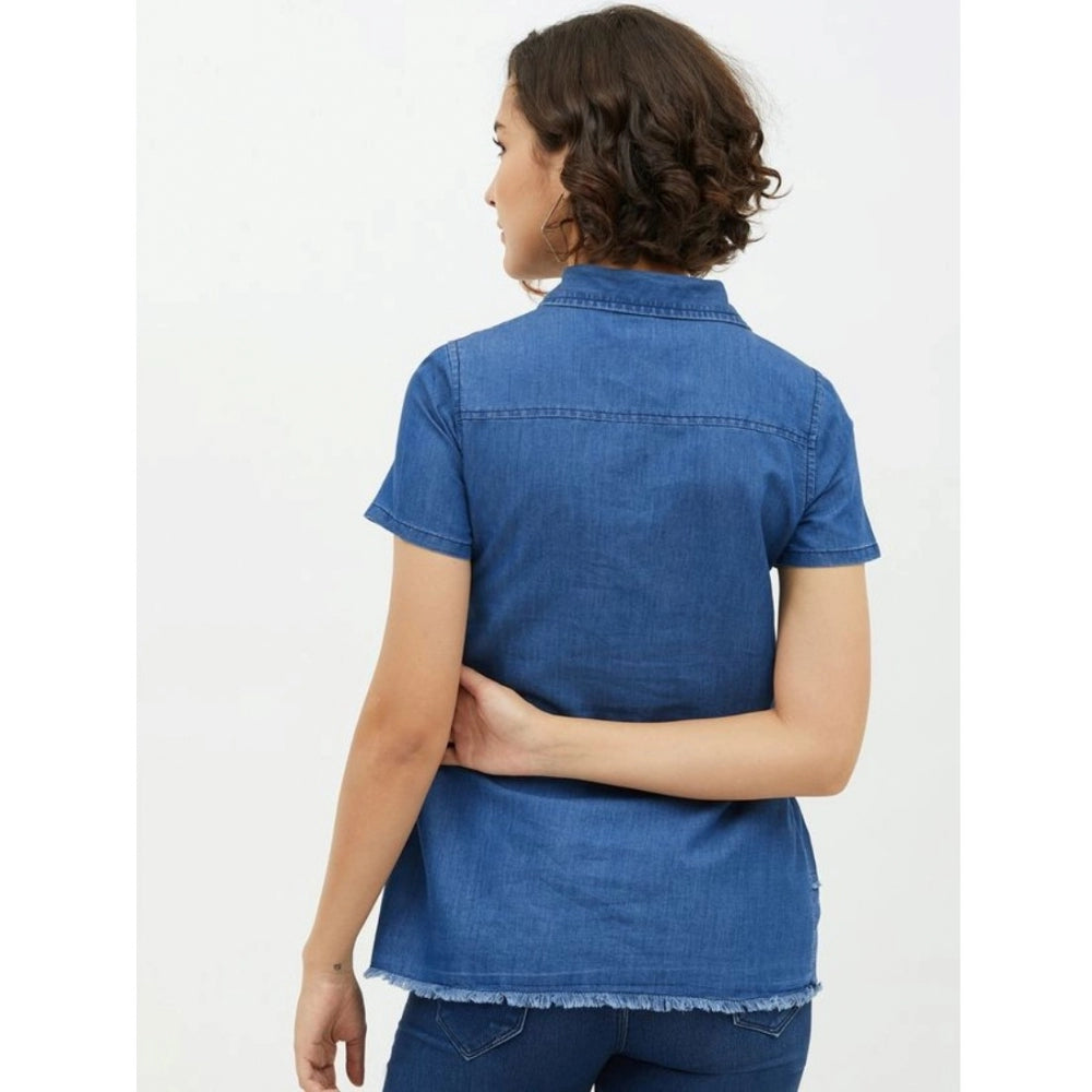 PKRKART Women's Denim Peplum Short Sleeve Top (Blue)