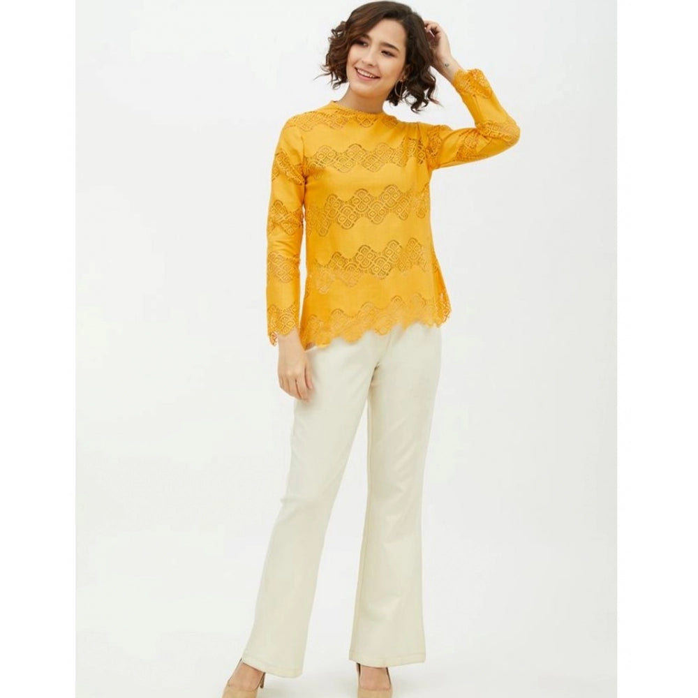PKRKART Women's Cotton Lace Inserts Long Sleeves Top (Yellow)