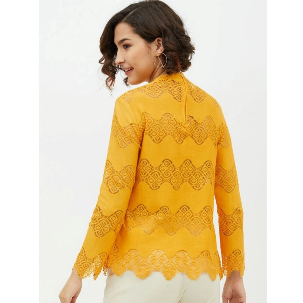 PKRKART Women's Cotton Lace Inserts Long Sleeves Top (Yellow)