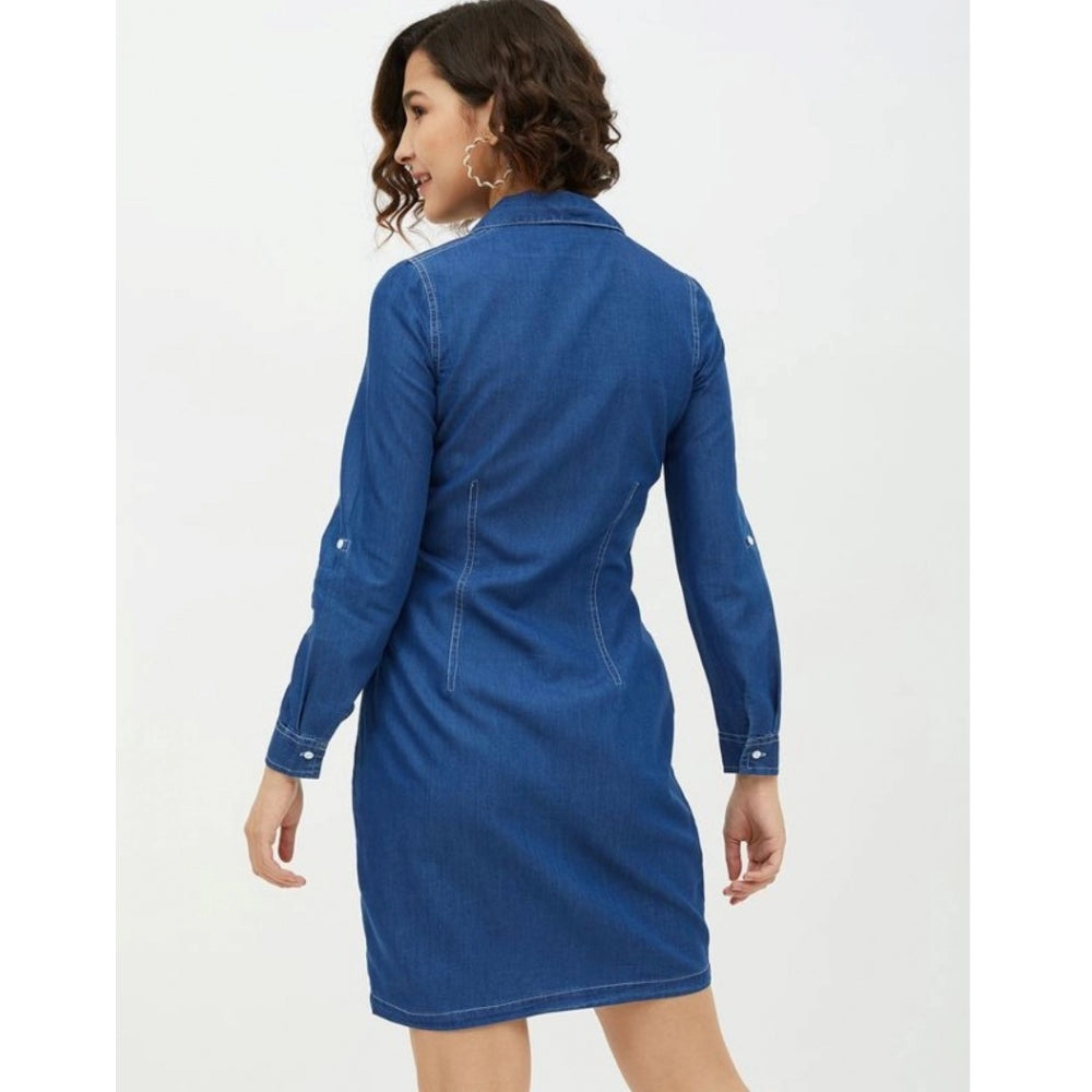 PKRKART Women's Denim Solid Long Sleeves Above Knee Dress (Blue)