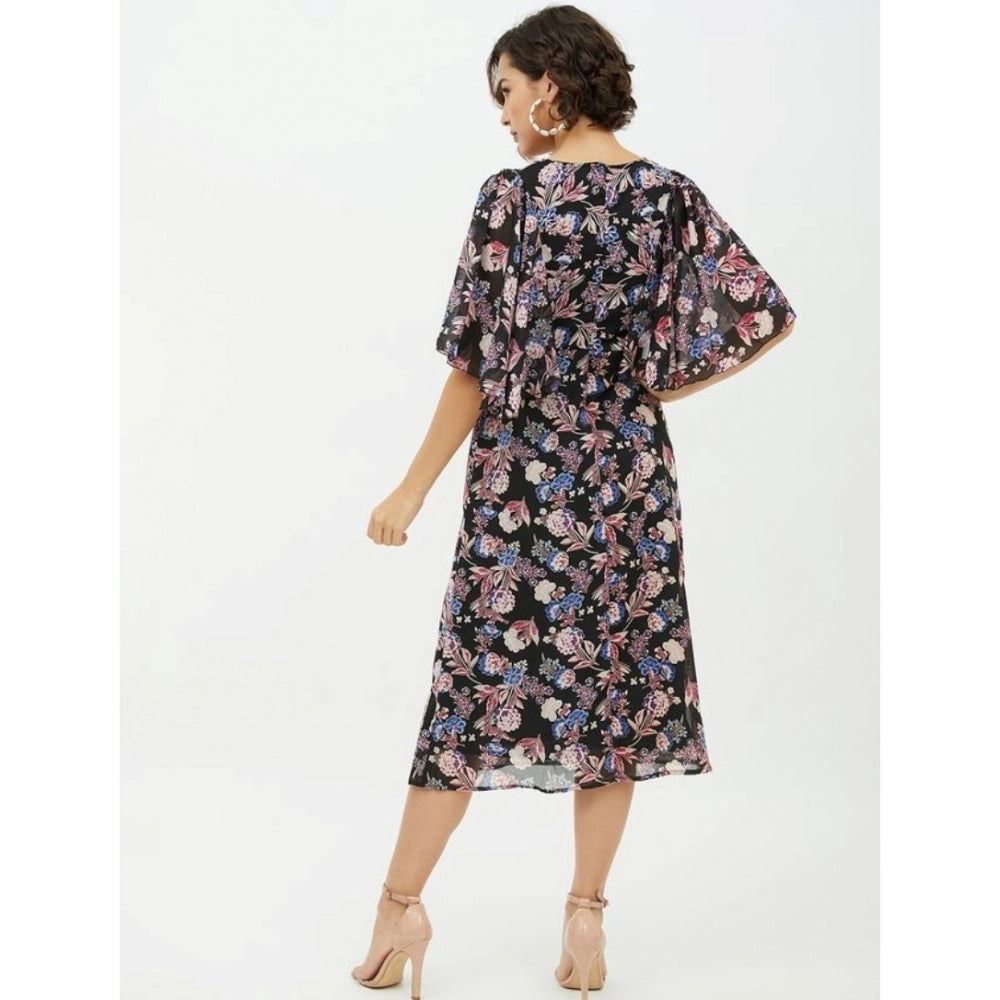 PKRKART Women's Polyester Chain Print Cap Sleeve Calf-length Dress (Multicolor)