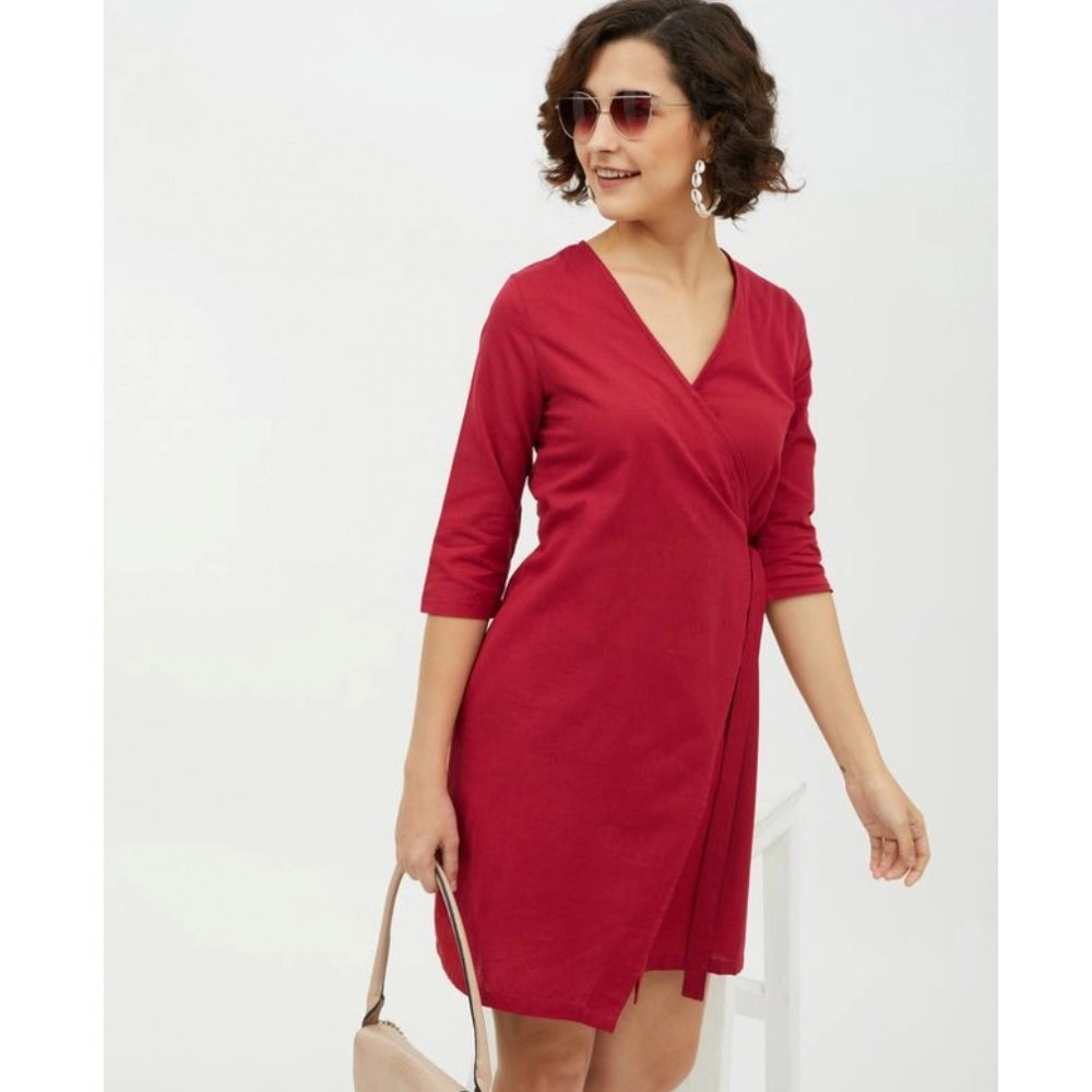 PKRKART Women's Cotton Wrap 3-4th Sleeves Above Knee Dress (Maroon)