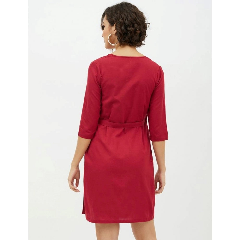 PKRKART Women's Cotton Wrap 3-4th Sleeves Above Knee Dress (Maroon)