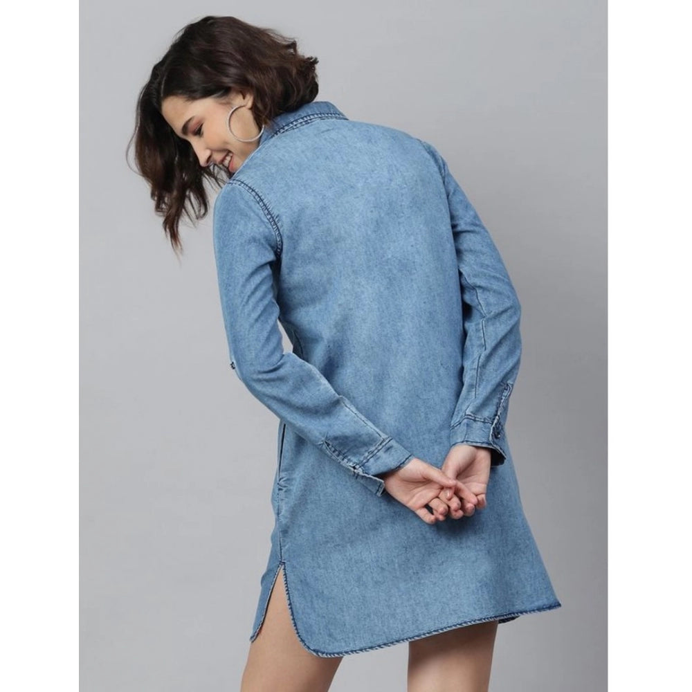PKRKART Women's Denim Solid Long Sleeves Above Knee Dress (Ice Blue)