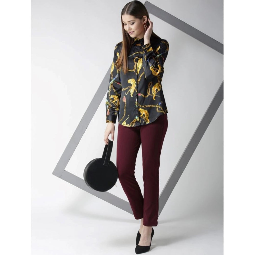 PKRKART Women's Satin Printed Long Sleeves Standard Length Shirt (Black - Gold)