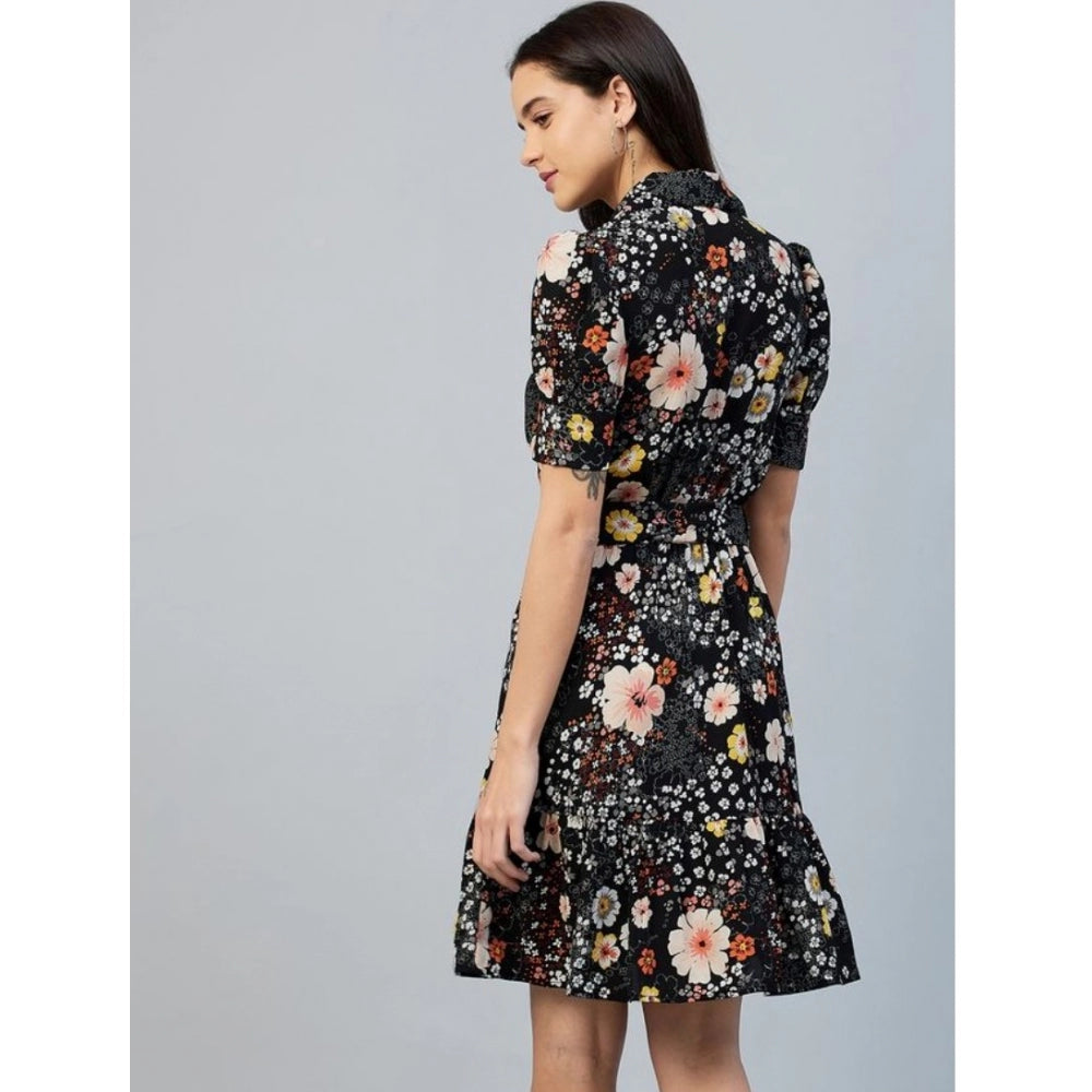 PKRKART Women's Polyester Floral Short Sleeve Above Knee Dress (Black)