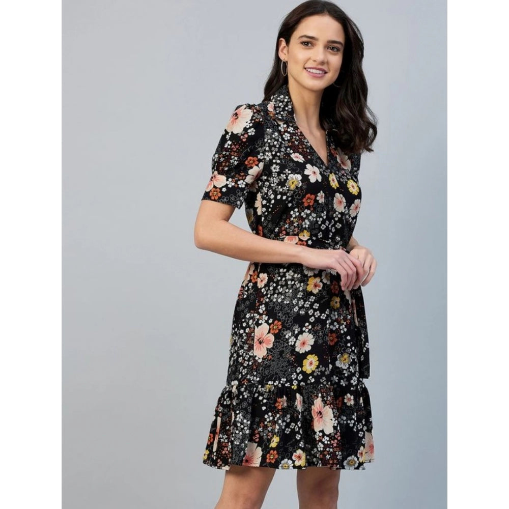 PKRKART Women's Polyester Floral Short Sleeve Above Knee Dress (Black)