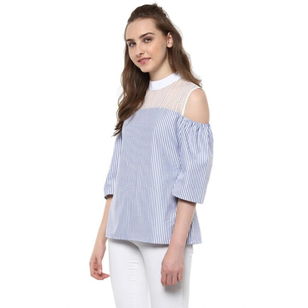 PKRKART Women's Cotton Striped Cold Shoulder Top (Blue)