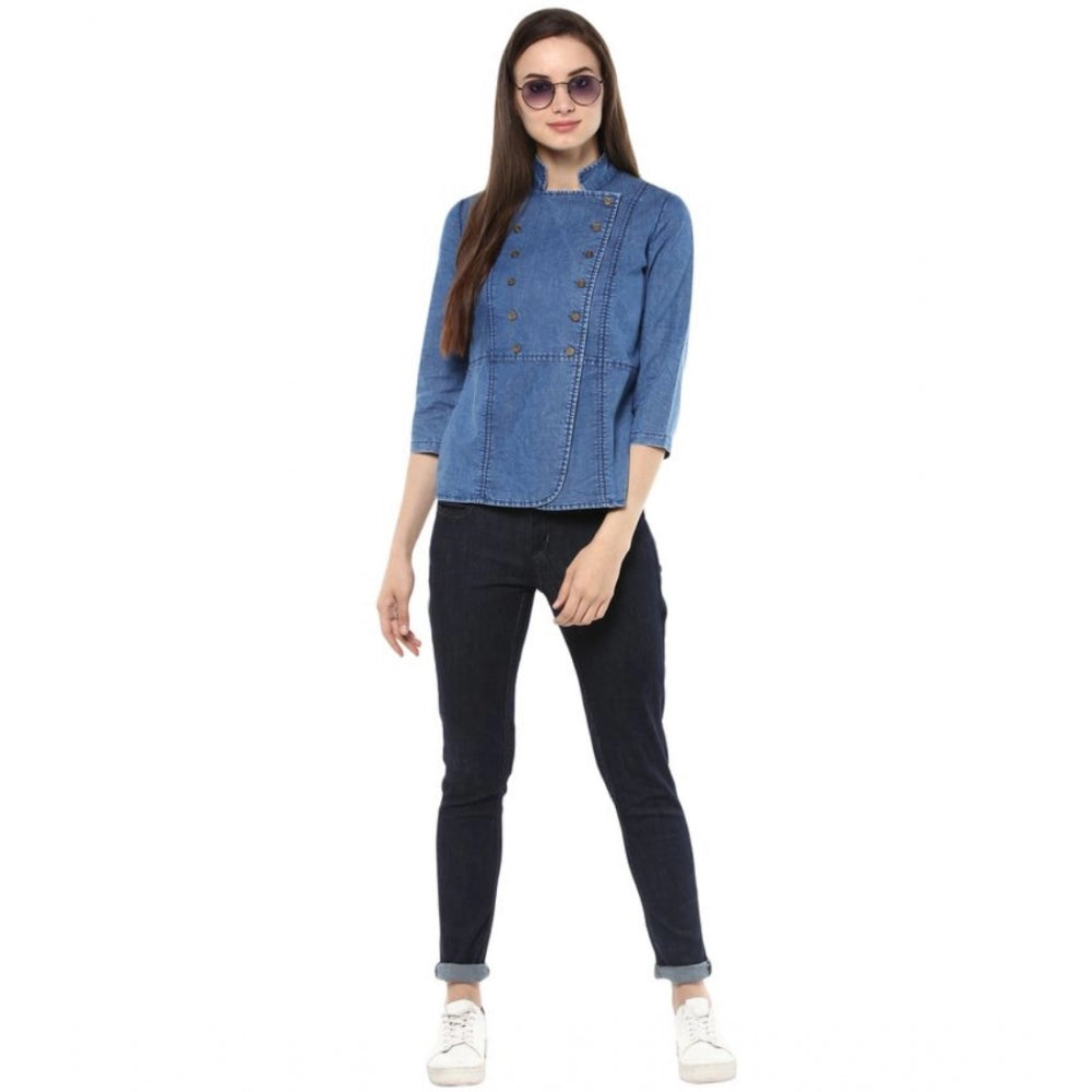 PKRKART Women's Denim Solid 3-4th Sleeves Regular Top (Blue)