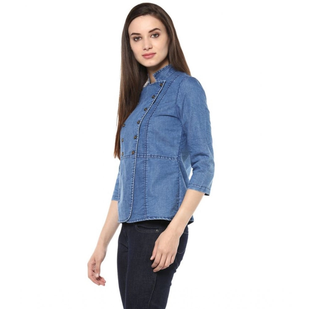 PKRKART Women's Denim Solid 3-4th Sleeves Regular Top (Blue)
